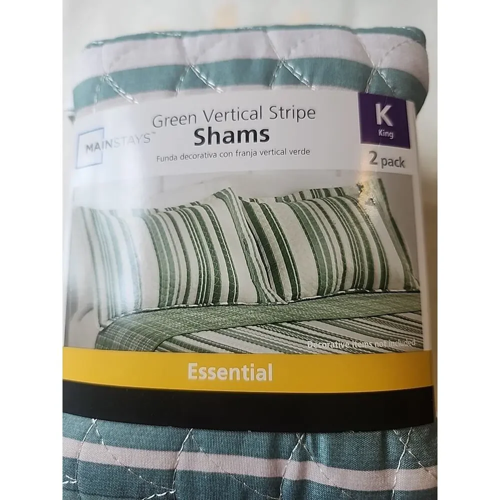 Mainstays Green Vertical Stripe Shams Essentials 2 pack King Quilted